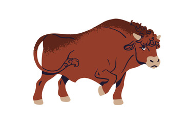 Cute big bull grazes on pasture. Furry bovine, cow walks on ranch. Farm animal, livestock is in country. Cattle eats on field. Farming, countryside fauna. Flat isolated vector illustration on white