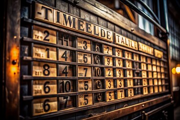Obraz premium Low Light Photography of a Set of Letters on a Mechanical Timetable, Capturing the Intricacies and Vintage Charm of Timekeeping and Typography in Dim Lighting