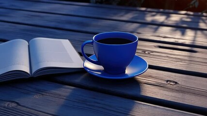 Blue cup of coffee with blue notebook Blue monday concept.