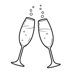 Two glasses of champagne or wine. Cheers with wineglasses. Cheers icon. Outline illustration, isolated on white background, design elements