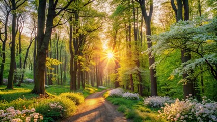 Fototapeta premium Lush Springtime Landscape with Mixed Forest in Gdansk, Poland, Showcasing Vibrant Greenery and Blooming Flora, Perfect for Nature and Travel Enthusiasts