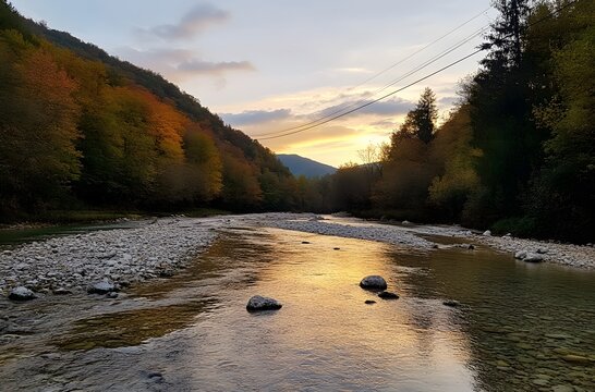 river with clear water flowing through the landscape, surrounded by trees and rocks