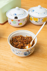 Shacha sauce or Chili lemongrass shacha sauce.  Shrimp shacha sauce, vietnamese satay chili sauce. Authentic Vietnamese Chili Sate Sauce (Satay Chili Oil) with Lemongrass and Garlic