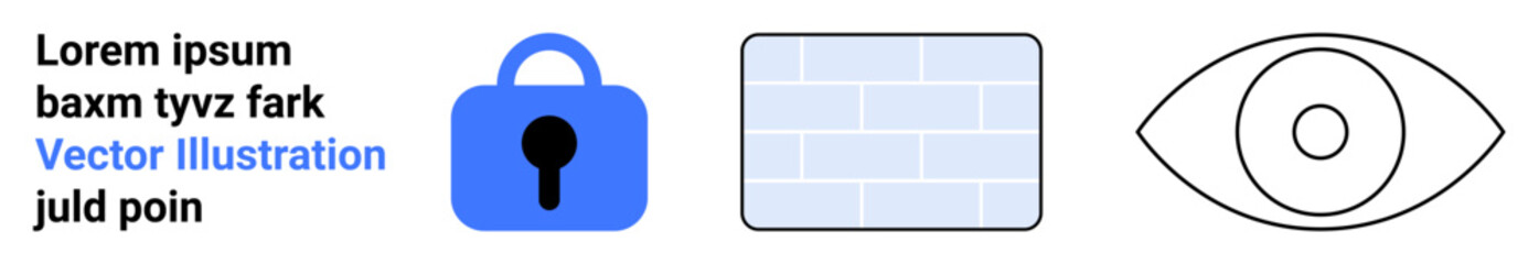 Blue lock with keyhole, tiled brick wall, and open eye. Ideal for cybersecurity, online privacy, security systems, surveillance, data protection, secure access, and technology contexts. Banner