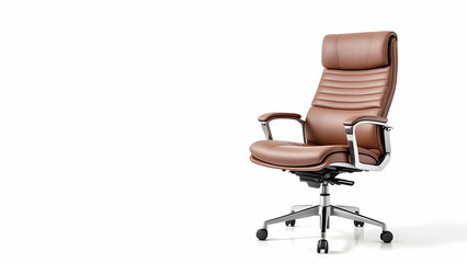 A brown leather office chair with a silver base and wheels is isolated against a white background