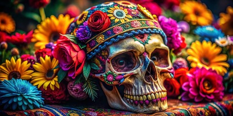 Fototapeta premium Macro Photography of a Creative Skull Adorned with a Colorful Bandana and Vibrant Flowers, Capturing Intricate Details and Unique Artistic Expression