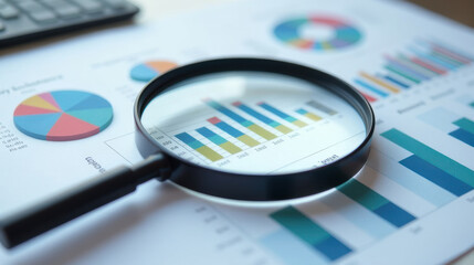 Printed documents with colorful charts and graphs analyzed through a magnifying glass.