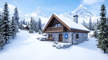 Naklejka premium Snowy Mountain Cabin with a Cozy View