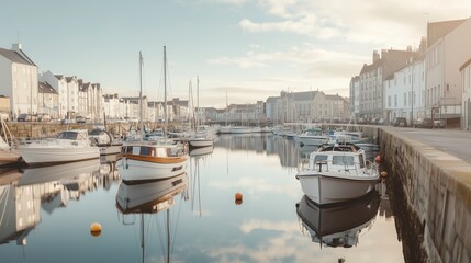 Peaceful Harbor at Dawn: Boats gently bob in the calm waters of a picturesque harbor, reflecting the soft light of dawn. The charming buildings lining the waterfront create a serene and idyllic scene.