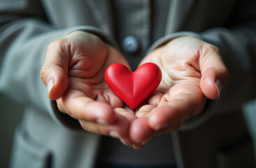 Elderly woman hands holding a red heart, caring for heart and health