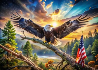 Obraz premium Majestic Bald Eagle with Outstretched Wings on Tree Branch, Capturing the Spirit of Freedom and Strength in a Natural Setting for 4th of July Celebrations