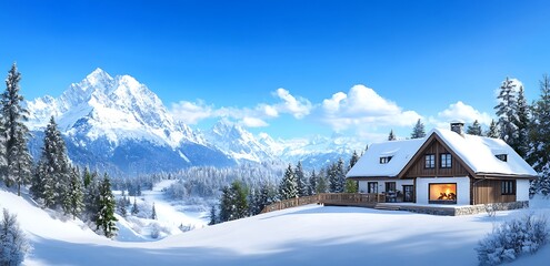 Fototapeta premium Cozy Cabin SnowCovered Mountains Winter Wonderland