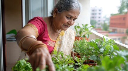 Indian Housewife Watering Plants on Her Balcony