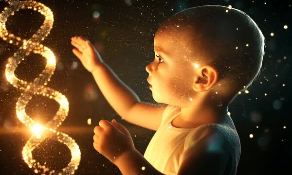 Baby Gazing at Glowing DNA Strand in Ethereal Light, Symbolizing Future and Discovery