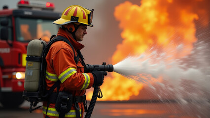 Naklejka premium Portrait of a firefighter in equipment. Firefighters use water from a hose to extinguish a fire. Created using generative artificial intelligence technology.