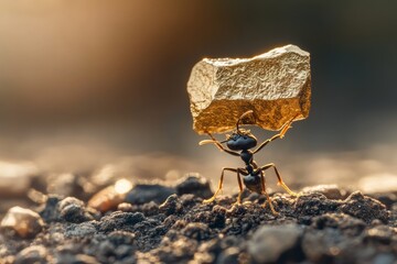 Strong ant lifting heavy gold nugget on gravel ground at sunset