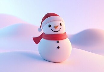 Cartoon Style Snowman with Red Hat and Scarf on Pastel Blue Sky, Christmas Theme