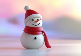 Cartoon Style Snowman with Red Hat and Scarf on Pastel Blue Sky, Christmas Theme