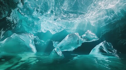 Ice Cave Reflecting Sunbeams In Blue Water