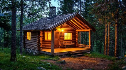 Cozy Log Cabin in the Forest at Dusk