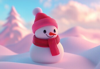 Cartoon Style Snowman with Red Hat and Scarf on Pastel Blue Sky, Christmas Theme