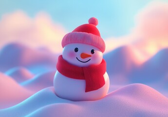 Cartoon Style Snowman with Red Hat and Scarf on Pastel Blue Sky, Christmas Theme