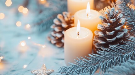 Glowing christmas candles and snowy pine cones on a serene blue background, festive winter scene