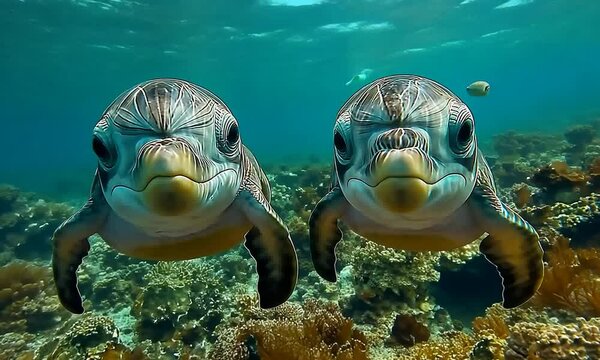 Two sea turtles swimming together in a vibrant underwater scene.