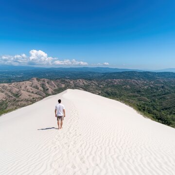 Traveler Walking Among Vast Sand Dunes in Paran