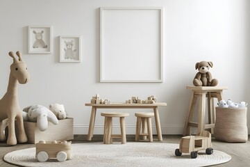 A mock up empty white blank frame on the wall. A Scandinavian-inspired children's room with wooden furniture, white walls and wall frames for art