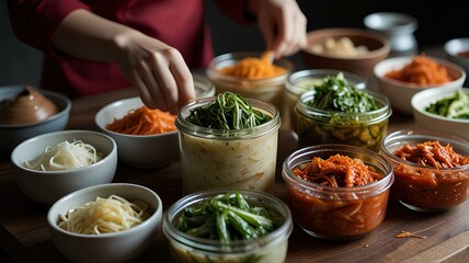The process of making and fermenting Korean kimchi, showing traditional food preservation techniques. Korean kimchi, fermentation, traditional preservation, food culture, probiotic, Korean cuisine