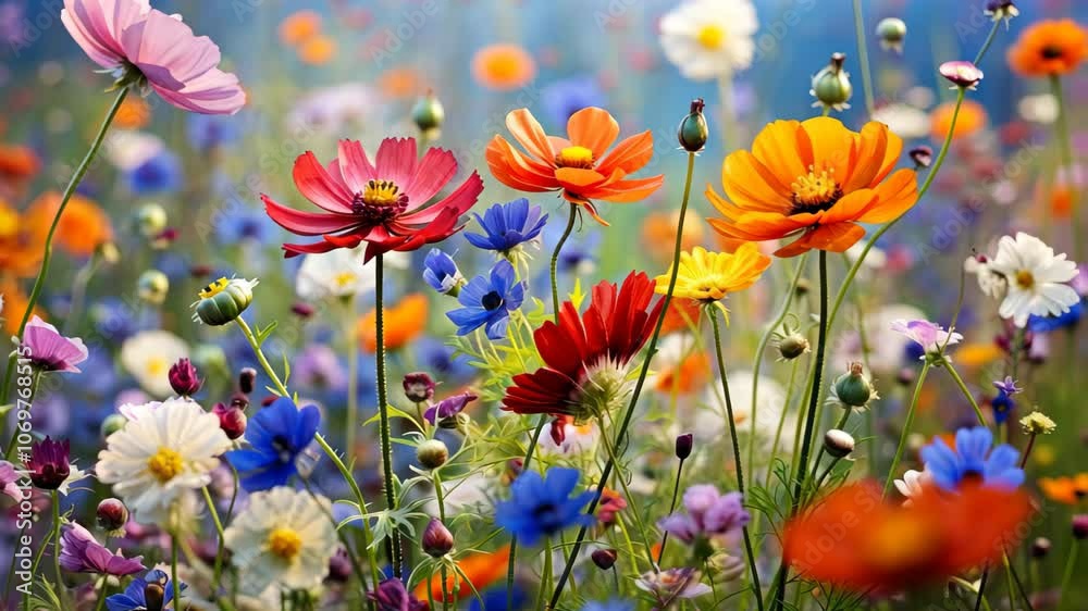 Sticker Closed Up of vibrant wild flowers in a Field background.