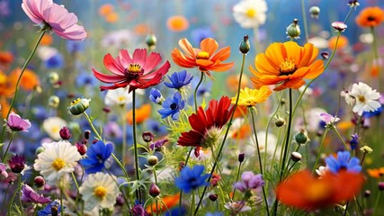 Closed Up of vibrant wild flowers in a Field background.