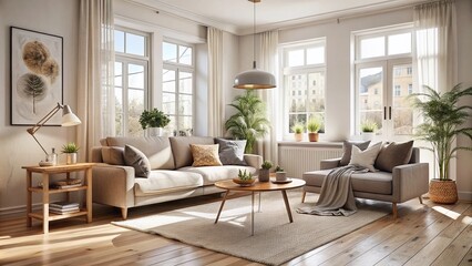Fototapeta premium Minimalistic Scandinavian Home Interior with Neutral Tones and Subtle Decor Emphasizing High Depth of Field Photography for Stock Image Use