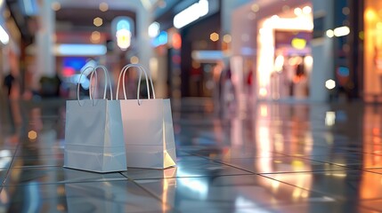 Fototapeta premium Two white shopping bags on a glossy mall floor reflecting