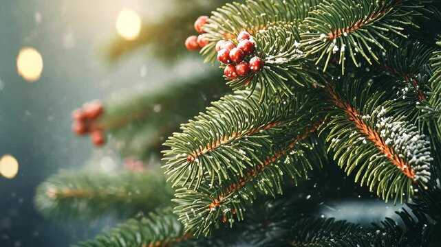Close up green Christmas tree branches in snow background.