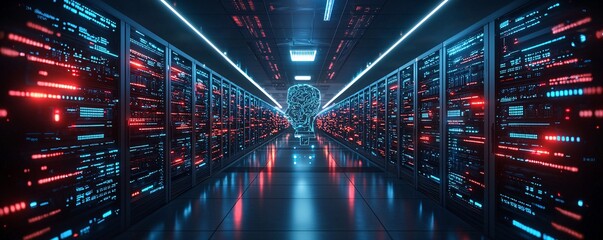 A vast AI-run data center, endless rows of servers, glowing lights, advanced cooling systems, a sense of immense power and knowledge