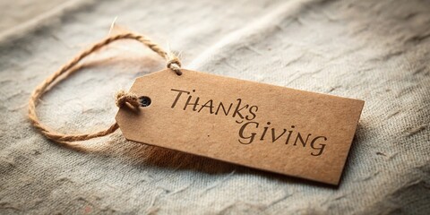 Minimalist Photography of a Small Brown Tag Featuring the Words Thanks Giving, Perfect for Holiday Decorations, Invitations, or Gratitude-Themed Content in a Simple Aesthetic Style