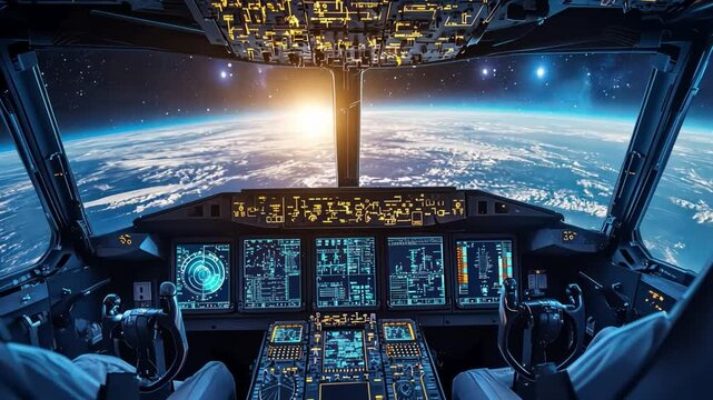 The cockpit of a space shuttle with a view of the Earth and the sun