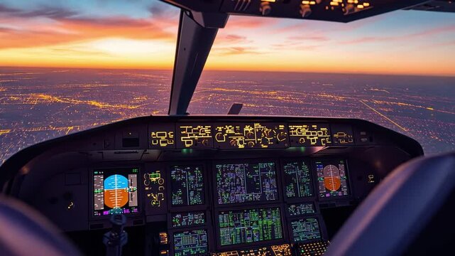 The cockpit of a plane is lit up with the sun setting in the background