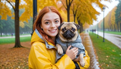 Portrait of a pug and its owner. A young smiling red-haired woman holds her beloved pet in her arms. A dog and its owner are walking in raincoats in an autumn park