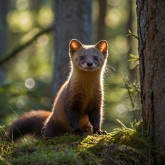 Fototapeta premium Forest Curiosities: A Pine Marten in the Sunlit Glade