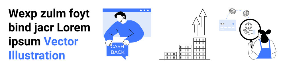 Man holding Cash Back sign, arrow growth over buildings, magnifying glass and dollar sign. Ideal for business, finance, marketing, analytics, e-commerce, investment, office. Landing page