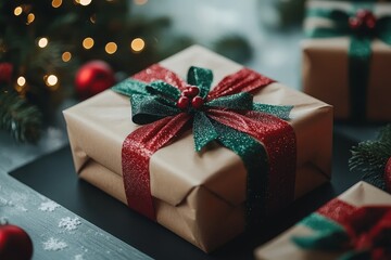 Close-up of Christmas gifts with red and green ribbons on a wooden table, near a tree, grey background, with copy space for Christmas party or New Year offer banner.