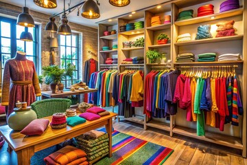 A brightly lit clothing store with a variety of colorful clothing on display