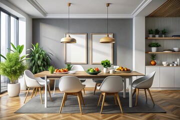Modern Business Room with White Wall Frame Mockup and Stylish Interior Design Featuring Food Photography in a 3D Rendered Environment
