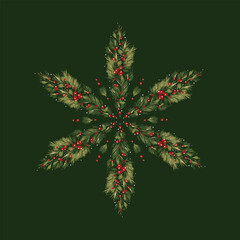 Series of christmas floral laurel arragements in snowflake form