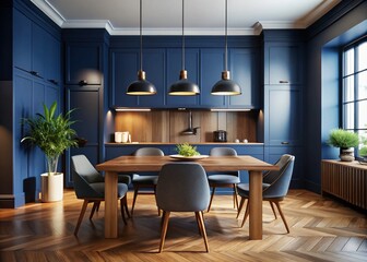 Fototapeta premium Modern Dark Blue Kitchen with Wooden Dining Table and Contemporary Chairs Illuminated by a Black Lamp on Wood Floor in Low Light Photography Style