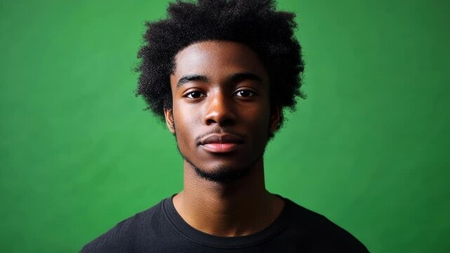 Young adult male model is posing for a series of headshots against a solid green screen. He is lit with soft lighting and has a neutral expression on his face