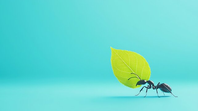 A black ant is carrying a leaf on its back